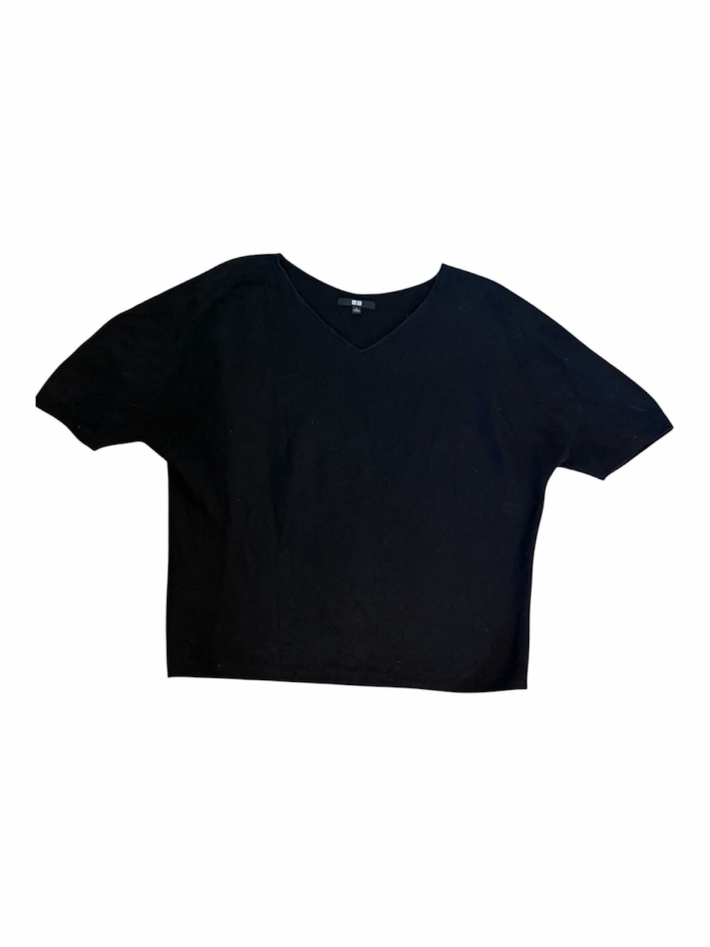 Uniqlo Women's Knit Black V-Neck Short Sleeve Pullover Sweater Top L Cotton